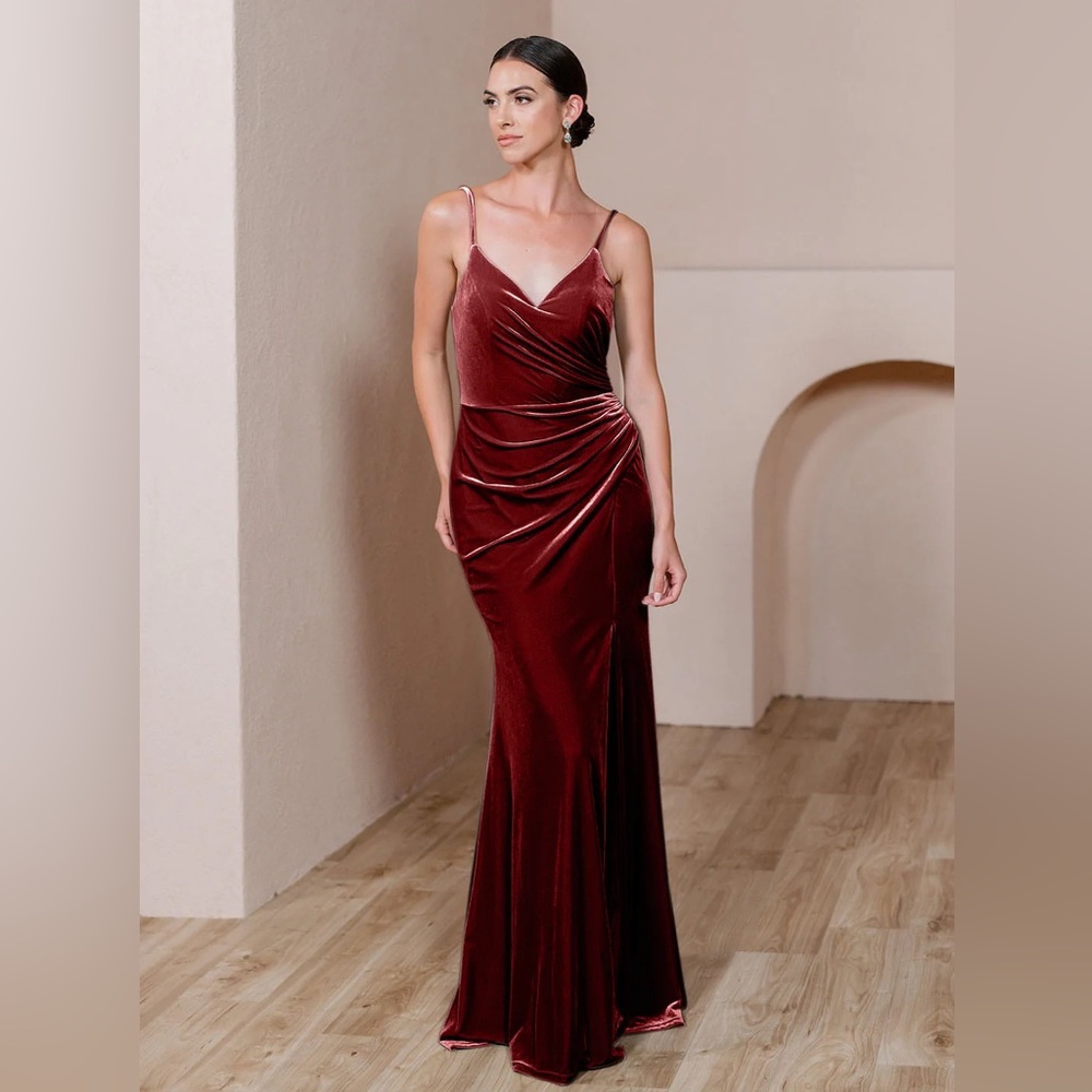 Revelry Rory Velvet Long Bridesmaid taracotta Burgundy 6